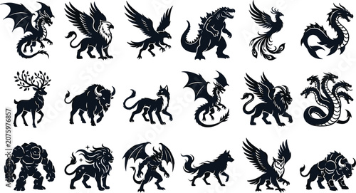 Quadro su tela Set of mythical creatures and fantasy monster silhouette icons for games, logos, branding, and imaginative design projects