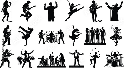 Photography Set of performing arts silhouettes featuring musicians, dancers, singers, and entertainers for entertainment and event design, image_31f947