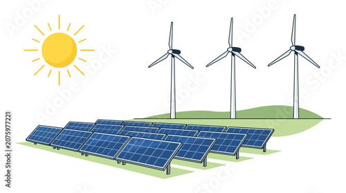 Obraz na plátně Solar panels and wind turbines generating clean energy under bright sun