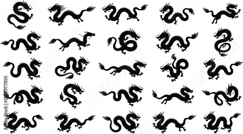 Φωτογραφία Black dragon silhouettes, 20 different poses, on white background, dragons mythi