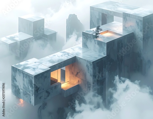 Surreal foggy cityscape with modern architecture.