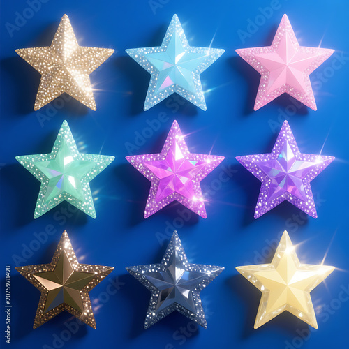 Set of nine colorful shiny decorative stars isolated on dark blue background.