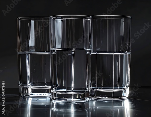 Three clear glasses on reflective surface.