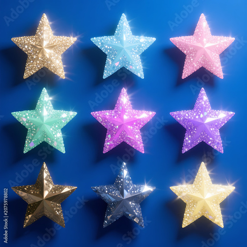 Set of nine colorful shiny decorative stars isolated on dark blue background.