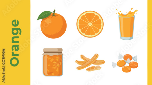 Tableau sur toile Fresh oranges and various orange products on a table indoors