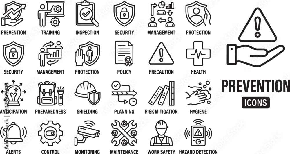 Fototapeta premium Prevention and safety icons set featuring line art symbols for risk management, workplace security, health protection, and hazard detection