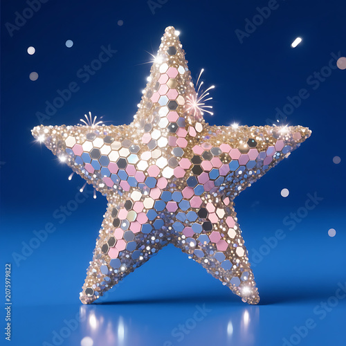 Sparkling festive star ornament with sequins and fireworks on blue.