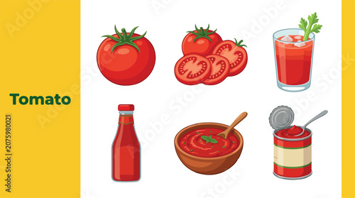 Fresh tomatoes and various tomato products on display