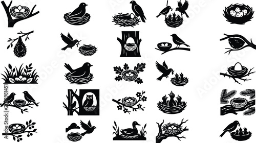 Fotografía Black and white bird silhouettes with nests, eggs, and branches