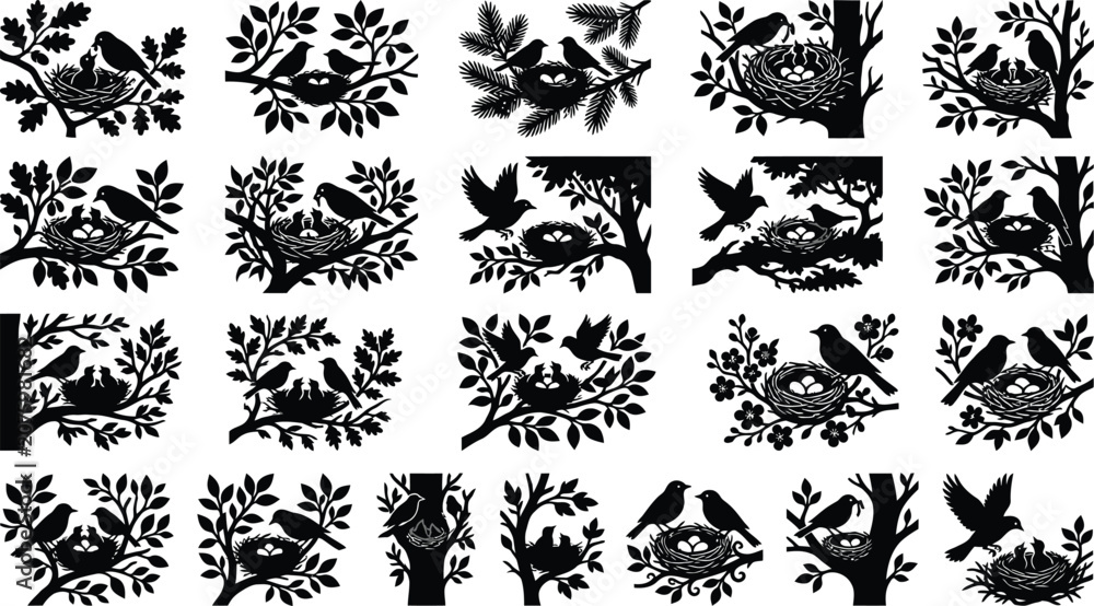 Fototapeta premium Black silhouettes of birds, nests, and trees on white background, various arrangements bird silhouettes