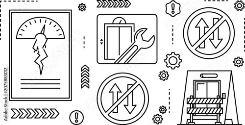 Canvastavla Elevator maintenance and out of service warning vector icon set featuring repair