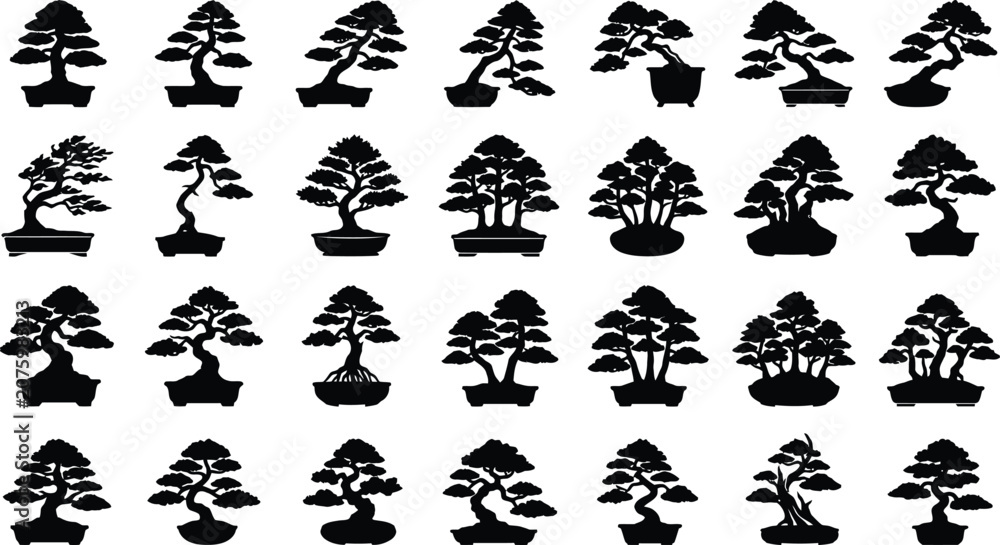 Fototapeta premium Black silhouettes of bonsai trees on white background, various shapes and sizes tree shapes potted plants