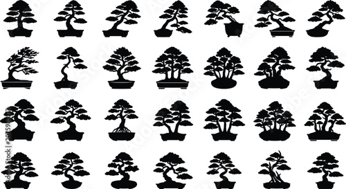 Foto Black silhouettes of bonsai trees on white background, various shapes and sizes