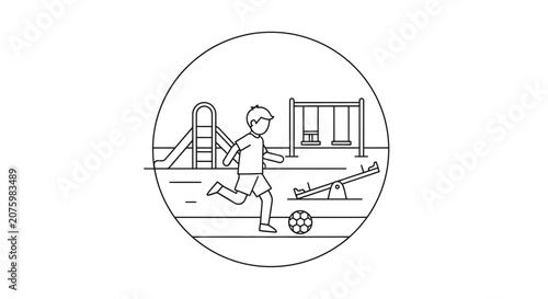 boy running in playground with slide and swings