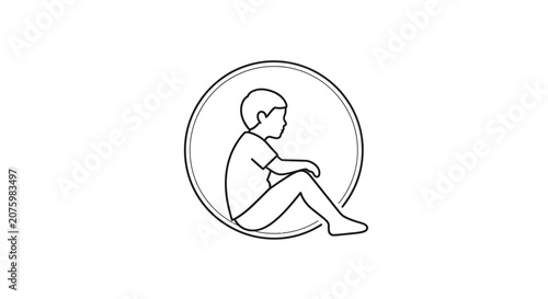 boy sitting in circle, minimalist illustration
