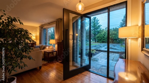 Modern Glass Pivot Front Door Open to a Cozy Home Interior with Warm Ambient Lighting at Twilight