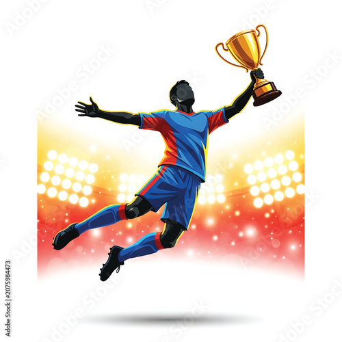 Slika na platnu Man holding trophy in celebration jump.