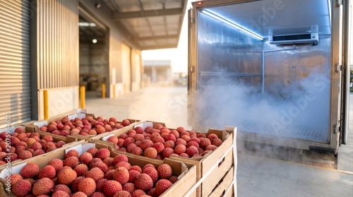 Fresh Lychee Crates Ready for Refrigerated Cold Chain Loading at Warehouse Distribution Center