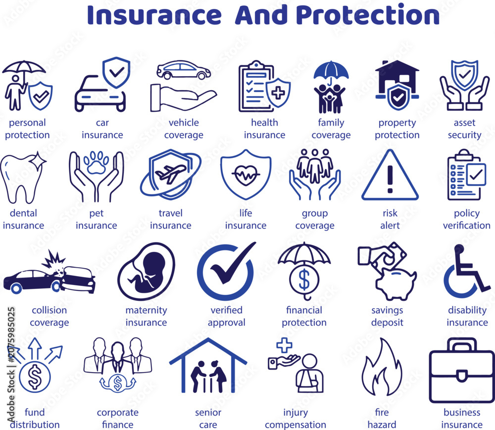 Naklejka premium Insurance and protection vector icons. Financial security risk management health coverage and personal property liability line signs set. Policy verification icon