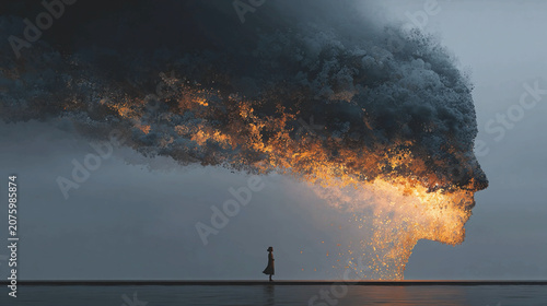 Contradiction concept abstract visualization of conflicting ideas mental tension paradoxical thinking dual perspectives decision challenges cognitive dissonance and symbolic high-resolution conceptual