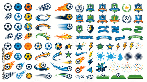 Soccer Decorative Elements Set with Football Balls Shield Ribbons Halftone Shapes and Celebration Effects Flat Vector Illustration Isolated on White