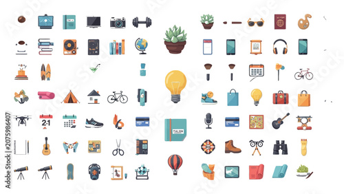 Tableau sur toile Lifestyle icons depicting various hobbies, electronic devices, and everyday items are organized in a detailed collection
