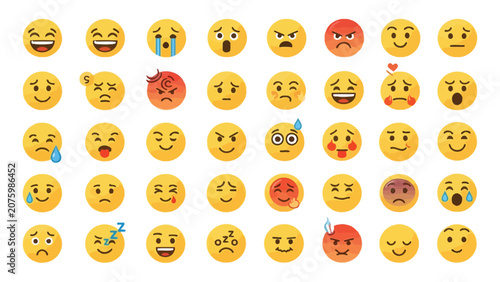 Obraz na plátne Emoji faces expressing a wide range of human emotions and states of mind are arranged in a colorful grid pattern