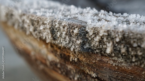 gunwale. Extreme close-up of a wooden boat's edge covered in thick white salt crystals. travel magazines, destination branding, designed for outdoor magazines and nature guides.