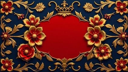 Elegant floral frame with gold accents and red flowers on dark blue background