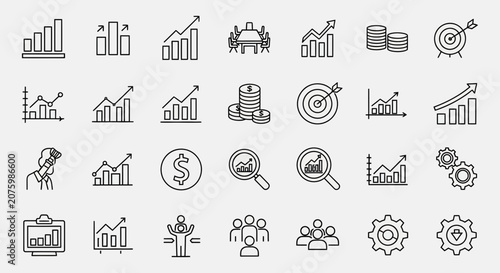 Business growth icons represent financial progress and strategic development through a series of outline illustrations.