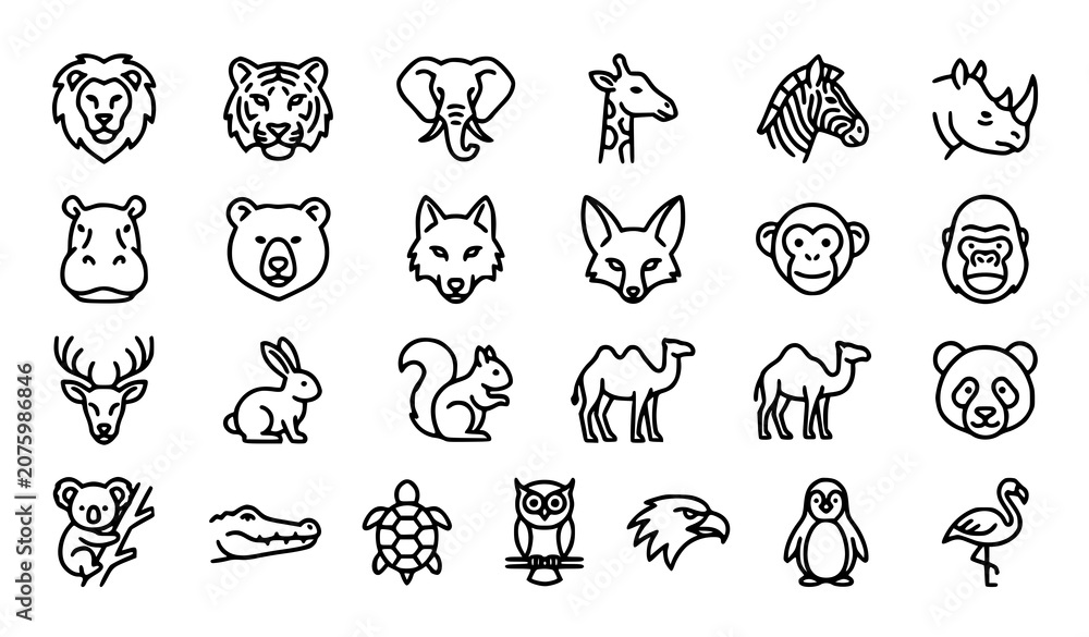 Fototapeta premium Animals Thin Line Icon Set with Zoo Wildlife Mammals Birds and Reptiles Vector Collection