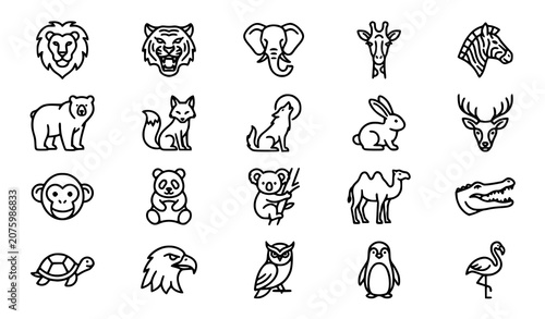 Canvas Print Minimal Wildlife Monoline Icon Set Featuring Zoo Animals Birds Reptiles and Mamm