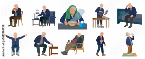 Obraz na płótnie Vector illustration set of an elderly man suffering from cold and flu symptoms,