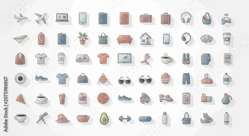 Foto Lifestyle objects showcasing everyday travel, fashion, and technology items are presented in a neat collection of minimal icons