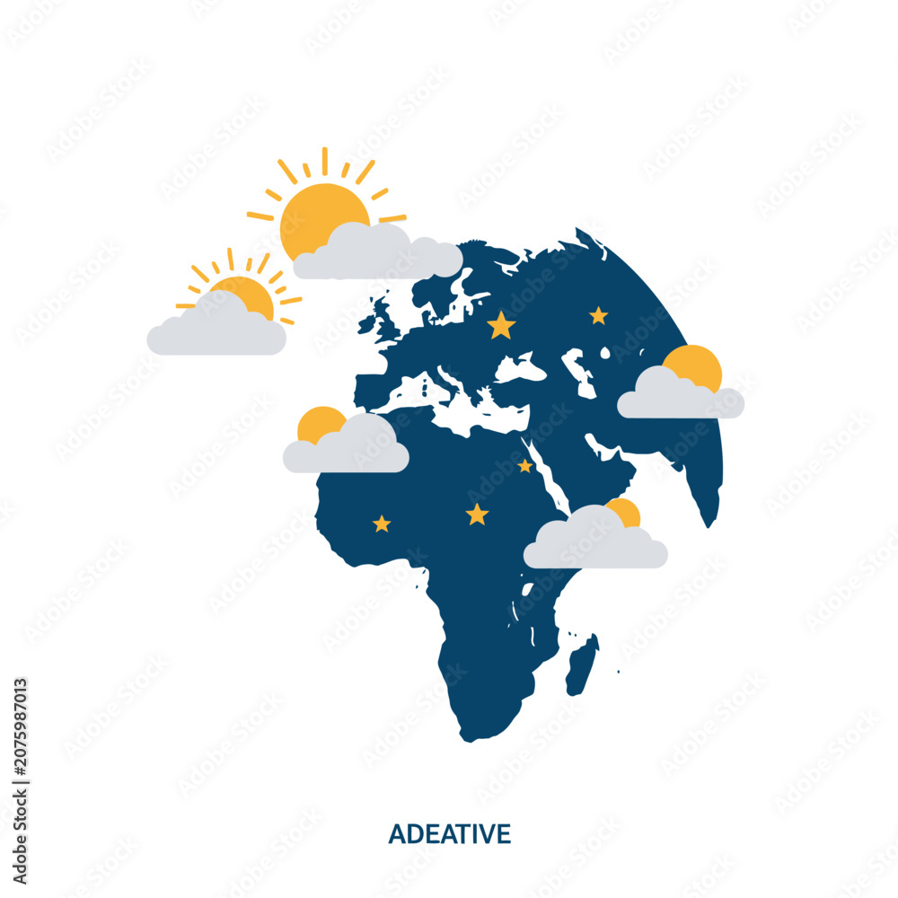 Naklejka premium Flat Vector Illustration of Earth Globe with Sunny Clouds and Gold Stars Weather Concept