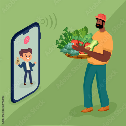 Investor holding a money bag on a smartphone screen video call with a farmer holding a fresh vegetable basket. Agricultural crowdfunding and agritech B2B business vector illustration.