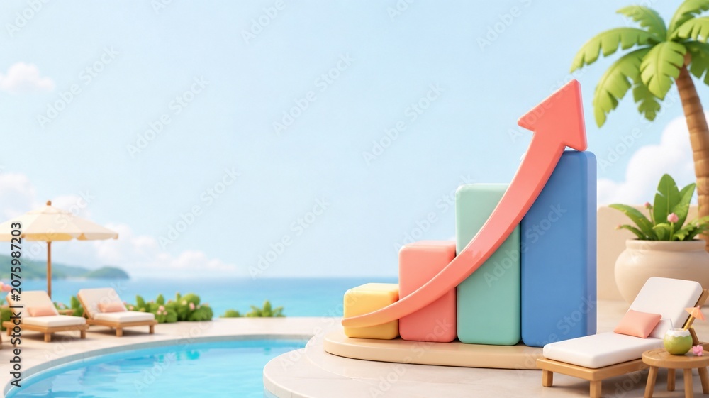 Fototapeta premium Cute 3D Growth Graph By Resort Poolside Lounge