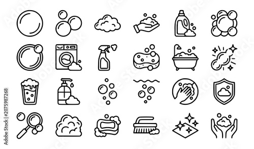 Obraz na płótnie Modern Soap Bubble Outline Icon Collection with Foam Cleaning and Lather Symbols