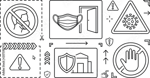 Fotografía Pandemic safety prevention and face mask mandate vector icon set featuring virus