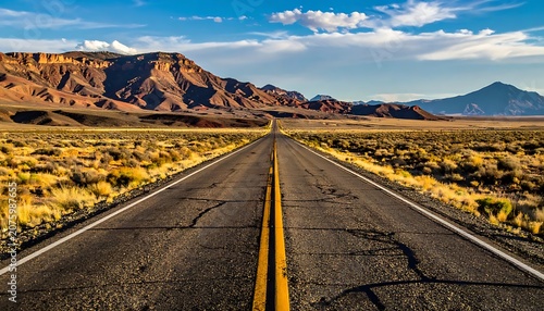A long, straight road cutting through a desert landscape