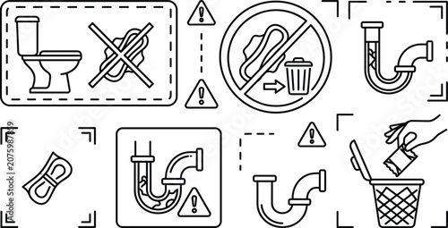 Foto Plumbing safety and toilet rules vector icon set featuring clogged pipes bin tra
