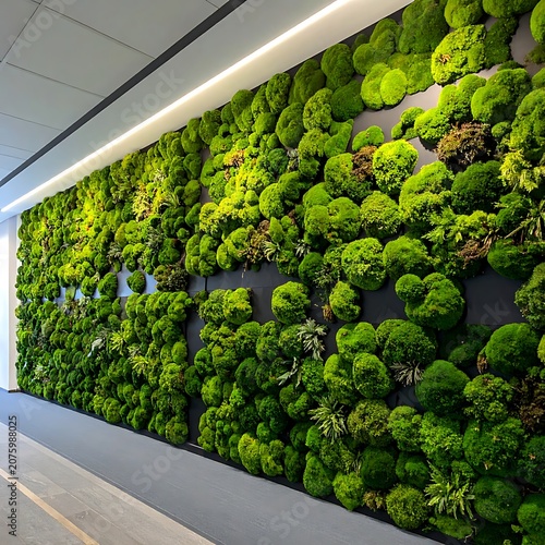 A long wall covered in lush greenery with moss and plants