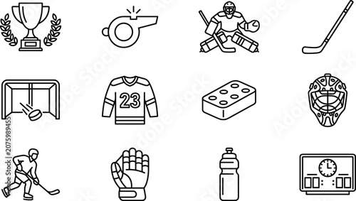 Canvas Print Ice hockey sport tournament line icon set featuring player goalie helmet trophy