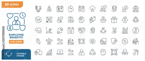 Konstfotografi Set of fifty employee benefits line icons featuring corporate perks and human resources themes