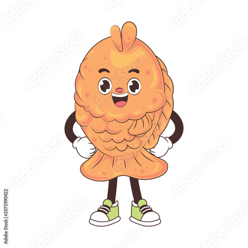 Cute Taiyaki fish vector mascot in flat comic style with fins and scales for traditional sweet Japanese dessert cafe pastry menu concept isolated on white background.
