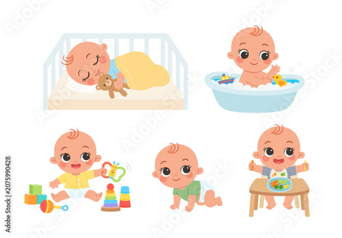 Cute baby daily routine and activities set with sleeping, bathing playing crawling and eating isolated on white background.