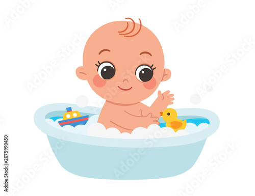 Cute little baby taking a bath in a tub with soap bubbles and rubber duck cartoon illustration isolated on white background.