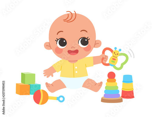 Cute little baby sitting and playing with colorful toys cartoon illustration isolated on white background