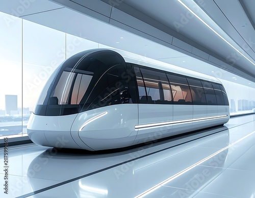 Modern monorail train in station platform.