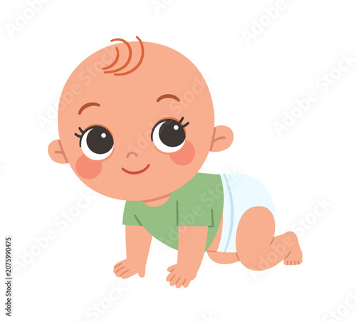 Cute little baby crawling and smiling on white background.